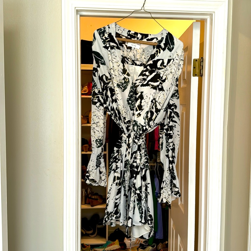 Reiss flowy black and white mini dress with belted sash waist.